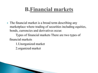  The financial market is a broad term describing any
marketplace where trading of securities including equities,
bonds, currencies and derivatives occur.
Types of financial markets There are two types of
financial markets
1.Unorganized market
2.organized market
 