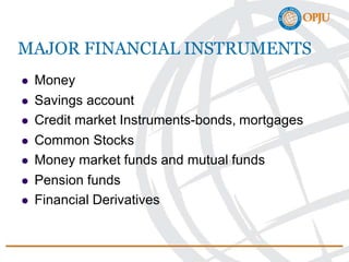 MAJOR FINANCIAL INSTRUMENTS
 Money
 Savings account
 Credit market Instruments-bonds, mortgages
 Common Stocks
 Money market funds and mutual funds
 Pension funds
 Financial Derivatives
 