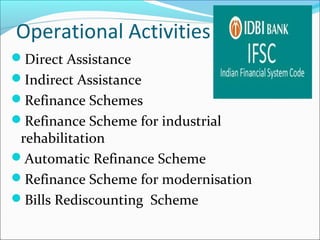 Operational Activities
Direct Assistance
Indirect Assistance
Refinance Schemes
Refinance Scheme for industrial
 rehabilitation
Automatic Refinance Scheme
Refinance Scheme for modernisation
Bills Rediscounting Scheme
 