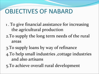 OBJECTIVES OF NABARD
1 . To give financial assistance for increasing 
   the agricultural production
2.To supply the long term needs of the rural 
   areas
3.To supply loans by way of refinance
4.To help small industries ,cottage industries 
   and also artisans
5.To achieve overall rural development
 