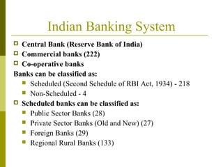 Indian Banking System
 Central Bank (Reserve Bank of India)
 Commercial banks (222)
 Co-operative banks
Banks can be classified as:
 Scheduled (Second Schedule of RBI Act, 1934) - 218
 Non-Scheduled - 4
 Scheduled banks can be classified as:
 Public Sector Banks (28)
 Private Sector Banks (Old and New) (27)
 Foreign Banks (29)
 Regional Rural Banks (133)
 