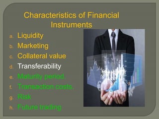 Characteristics of Financial
Instruments
a. Liquidity
b. Marketing
c. Collateral value
d. Transferability
e. Maturity period.
f. Transaction costs.
g. Risk
h. Future trading
 