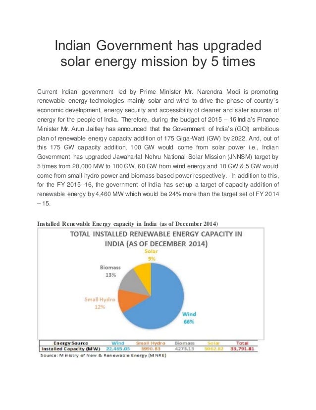Indian Government has upgraded solar energy mission by 5 times