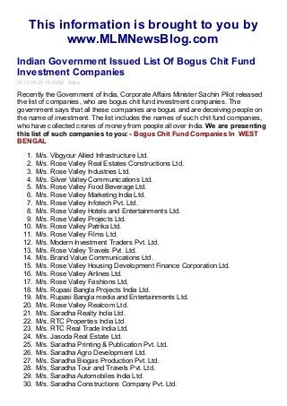 This information is brought to you by
www.MLMNewsBlog.com
Indian Government Issued List Of Bogus Chit Fund
Investment Companies
2013-04-29 16:04:52 Editor
Recently the Government of India, Corporate Affairs Minister Sachin Pilot released
the list of companies, who are bogus chit fund investment companies. The
government says that all these companies are bogus and are deceiving people on
the name of investment. The list includes the names of such chit fund companies,
who have collected crores of money from people all over India. We are presenting
this list of such companies to you: - Bogus Chit Fund Companies In WEST
BENGAL
1. M/s. Vibgyour Allied Infrastructure Ltd.
2. M/s. Rose Valley Real Estates Constructions Ltd.
3. M/s. Rose Valley Industries Ltd.
4. M/s. Silver Valley Communications Ltd.
5. M/s. Rose Valley Food Beverage Ltd.
6. M/s. Rose Valley Marketing India Ltd.
7. M/s. Rose Valley Infotech Pvt. Ltd.
8. M/s. Rose Valley Hotels and Entertainments Ltd.
9. M/s. Rose Valley Projects Ltd.
10. M/s. Rose Valley Patrika Ltd.
11. M/s. Rose Valley Films Ltd.
12. M/s. Modern Investment Traders Pvt. Ltd.
13. M/s. Rose Valley Travels Pvt. Ltd.
14. M/s. Brand Value Communications Ltd.
15. M/s. Rose Valley Housing Development Finance Corporation Ltd.
16. M/s. Rose Valley Airlines Ltd.
17. M/s. Rose Valley Fashions Ltd.
18. M/s. Rupasi Bangla Projects India Ltd.
19. M/s. Rupasi Bangla media and Entertainments Ltd.
20. M/s. Rose Valley Realcom Ltd.
21. M/s. Saradha Realty India Ltd.
22. M/s. RTC Properties India Ltd.
23. M/s. RTC Real Trade India Ltd.
24. M/s. Jasoda Real Estate Ltd.
25. M/s. Saradha Printing & Publication Pvt. Ltd.
26. M/s. Saradha Agro Development Ltd.
27. M/s. Saradha Biogas Production Pvt. Ltd.
28. M/s. Saradha Tour and Travels Pvt. Ltd.
29. M/s. Saradha Automobiles India Ltd.
30. M/s. Saradha Constructions Company Pvt. Ltd.
 