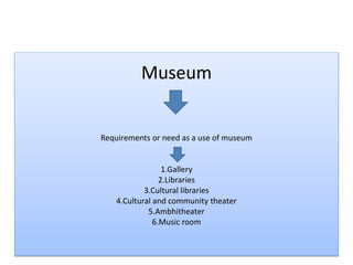 Museum
Requirements or need as a use of museum
1.Gallery
2.Libraries
3.Cultural libraries
4.Cultural and community theater
5.Ambhitheater
6.Music room
 