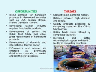 OPPORTUNITIES                                  THREATS
• Rising demand for handicraft            • Competition in domestic market.
  products in developed countries         • Balance between high demand
  such as USA, Canada, Britain,             and supply.
  France, Germany, Italy etc.             • Quality products produced by
• Developing fashion industry               competing countries like China,
  requires handicrafts products.            South Africa.
• Development of sectors like             • Better Trade terms offered by
  Retail, Real Estate that offers           competing countries.
  great requirements of handicrafts       • Increased         and        better
  products.                                 technological support and Rand D
• Development of domestic and               facility in competing countries.
  international tourism sector.
• E-Commerce and Internet are
  emerged         as      promissory
  distribution channels to market
  and sell the craft products.



                              Rashmi Verma IBR 5006
 
