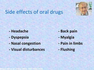 Side effects of oral drugs  - Headache  - Back pain  - Dyspepsia  - Myalgia  - Nasal congestion  - Pain in limbs  - Visual disturbances  - Flushing Brock GB et al. J Urol 2002; 168: 1332-1336. 