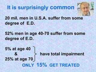 It is surprisingly  common 20 mil. men in U.S.A. suffer from some degree of  E.D. 52% men in age 40-70 suffer from some degree of E.D. 5% at age 40 &  have total impairment 25% at age 70 ONLY  15%   GET TREATED 