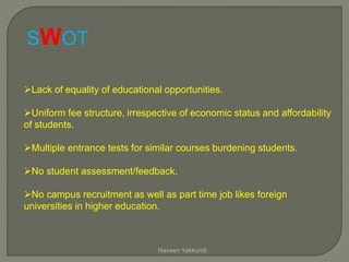 Lack of equality of educational opportunities.
Uniform fee structure, irrespective of economic status and affordability
of students.
Multiple entrance tests for similar courses burdening students.
No student assessment/feedback.
No campus recruitment as well as part time job likes foreign
universities in higher education.
SWOT
Naveen Yakkundi
 