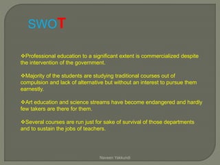 Professional education to a significant extent is commercialized despite
the intervention of the government.
Majority of the students are studying traditional courses out of
compulsion and lack of alternative but without an interest to pursue them
earnestly.
Art education and science streams have become endangered and hardly
few takers are there for them.
Several courses are run just for sake of survival of those departments
and to sustain the jobs of teachers.
SWOT
Naveen Yakkundi
 
