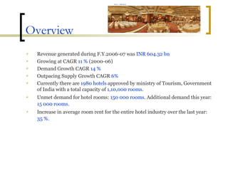 Overview Revenue generated during F.Y.2006-07 was  INR 604.32 bn Growing at CAGR  11 %  (2000-06) Demand Growth CAGR  14 %   Outpacing Supply Growth CAGR  6% Currently there are  1980 hotels  approved by ministry of Tourism, Government of India with a total capacity of  1,10,000 rooms. Unmet demand for hotel rooms:  150 000 rooms . Additional demand this year:  15 000 rooms. Increase in average room rent for the entire hotel industry over the last year:  35 %. 