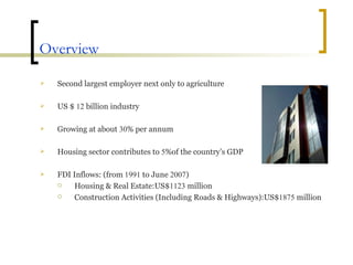 Overview Second largest employer next only to agriculture  US $  12  billion industry Growing at about  30 % per annum Housing sector contributes to  5 %of the country’s GDP FDI Inflows: (from  1991  to June  2007 ) Housing & Real Estate:US$ 1123  million Construction Activities (Including Roads & Highways):US$ 1875  million 
