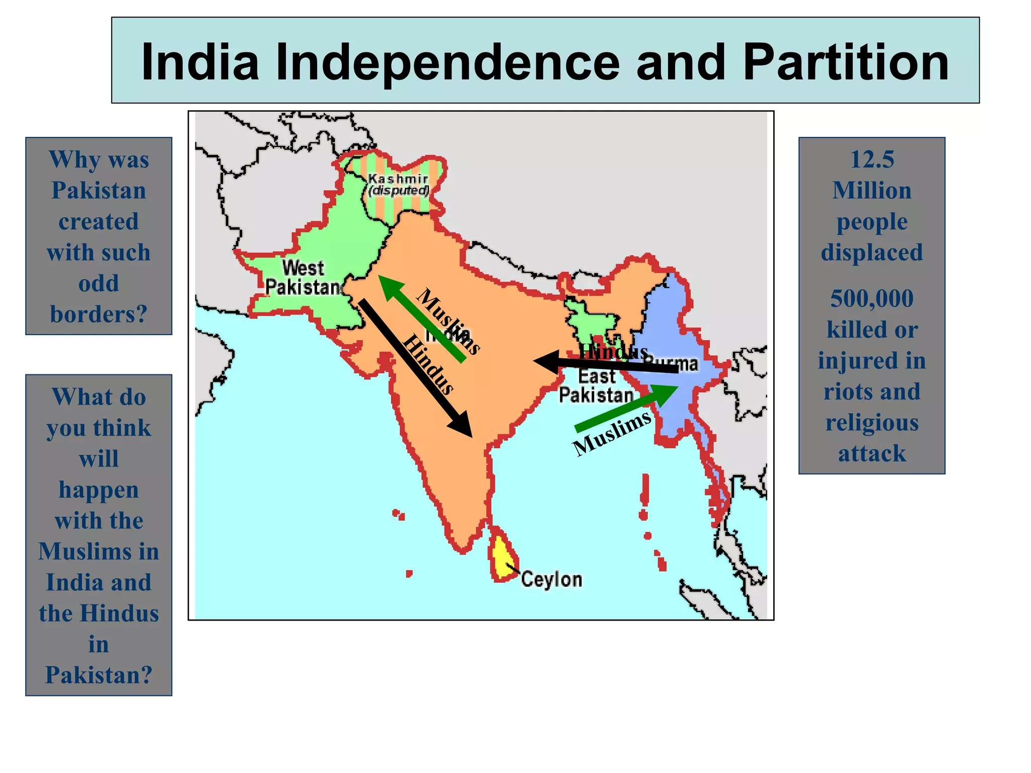 India Independence and Partition
Why was
Pakistan
created
with such
odd
borders?
What do
you think
will
happen
with the
Muslims in
India and
the Hindus
in
Pakistan?
Hindus
12.5
Million
people
displaced
500,000
killed or
injured in
riots and
religious
attack
 