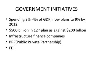 GOVERNMENT INITIATIVES Spending 3% -4% of GDP, now plans to 9% by 2012 $500 billion in 12 th  plan as against $200 billion Infrastructure finance companies PPP(Public Private Partnership) FDI 