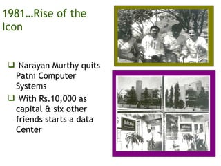1981…Rise of the Icon Narayan Murthy quits Patni Computer Systems With Rs.10,000 as capital & six other friends starts a data Center 