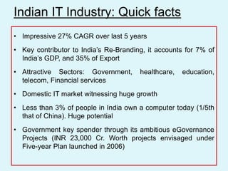 Indian IT Industry: Quick facts
• Impressive 27% CAGR over last 5 years
• Key contributor to India’s Re-Branding, it accounts for 7% of
  India’s GDP, and 35% of Export
• Attractive Sectors: Government,      healthcare,   education,
  telecom, Financial services
• Domestic IT market witnessing huge growth
• Less than 3% of people in India own a computer today (1/5th
  that of China). Huge potential
• Government key spender through its ambitious eGovernance
  Projects (INR 23,000 Cr. Worth projects envisaged under
  Five-year Plan launched in 2006)
 