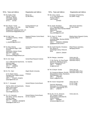 M.No. Name and Address Organization and Address M.No. Name and Address Organization and Address
183 Mr. Kuldip Singh Mecon Ltd., 192 Mr. Varun Verma IE College of Engineering
HIG 841, Phase 2, Dy.GM (Retd.) T-114, HIG Pallavpuram, B.E.(Mech. Engg.)
SAS Nagar, Mohali, Phase-II, Meerut,
Chandigarh-160055 Uttar Pradesh
(0172 ) 221325 2574303
184 Ms. Shivam Trivedi Ecology Research Lab 193 Dr. Anjali Srivastava Neeri Zonal Laboratory
Trivedi Niwas, H. No. 500, Dept. of Botany C-47, Hyderabad Estate, Sr. Astt. Director
Krishna Nagar Colony, Napean Sear Road, Mumbai-400026
Bhagwanpur, Varanasi-221005, U.P. Maharashtra
shivamtrivedi145@rediffmail.com (022 ) 24973521
anj_sn2003@yahoo.com
186 Mr. Nell Vasa Nagaland Pollution Control Board 194 Dr. Gauri. G. Pandit Bhabha Atomic Research Centre,
14- Midland, Kohima - 797001, Scientist-B 1-C, Gulmarg, Scientific Officer 'F'
Nagaland Anushakti Nagar, Mumbai-400094,
245726 Maharashtra.
n_vasa2002@yahoo.co.in (022 ) 25590233, 25588366
ggp@apsara.barc.ernet.in
187 Dr. Niraj Sharma Central Road Research Institute 195 Mr. Sushil Chandra Srivastava Pheet Parcon Laboratory,
A/12, Maharani Bagh, CSIR Scientist B-6, Sector D1, Managing Director
Scientist Kankarbagh Colony, Patna-20,
Apartments, Ashram Chowk, Bihar
New Delhi-110020 2344141, 2354291
(011 ) 268471384
sharmaniraj1990@rediffmail.com
196 Mr. Mergoju Janardhan Vimta Labs Ltd.,
188 Dr. Anil Singh Central Road Research Institute Associate VP(Env)
F-104, Plot No. 16, Priya Preethi Associate VP(Env)
F-21, CSIR Scientist Apartments, Sr. Scientist Apartments, Mehdijung Colony,
Maharani Bagh, Moulali, Hyderabad-40, A.P.
New Delhi-110065 (040 ) 27264141
(011 ) 26846976 env@vimta.com
anil@crridom.org
197 Mr. E.Shyam Sundar Vimta Labs Ltd.,
189 Dr. P.A. Saini Aligarh Muslim University Associate VP(Env Proj)
Sri. Annapurna Nilayam, Plot #22, Associate VP(Env Proj)
G-10, Vikram Colony, Professor Margadarshan Colony, Rasoolpura,
Ramghat Road, Aligarh-202002, Secunderabad-3, A.P.
Uttar Pradesh (040 ) 27901992
(0571 ) 2742675, 2742679 shyam_se@yahoo.com
pasaini@hotmail.com
198 Mr. Anand Harapanhalli Vimta Labs Ltd.,
190 Dr. T. Venugopal Central Pollution Control Board, Sr. Env. Engg.
Flat #103, Manikalyan Sr. Env. Engg.
Flat No. II/207, Kirti Apartments, Director Rukminipuri, Dr. A.S.Raonagar,
Mayur Vihar Phase-I, Post ECIL, Hyderabad-62, A. P.
New Delhi-110091 (040 ) 27264141
(011 ) 22307079
tvenu47@hotmail.com
199 Dr. M. V. R. N. Acharyulu Vimta Labs Ltd.,
191 Dr. J. S. Kamyotra Central Pollution Control Board, 307, Prashant Towers,
WZ-169 B, 1st Floor, Street No. Sr. Env. Engineer Musheerabad, Hyderabad-20,
Varinder Nagar, Andhra Pradesh
New Delhi-110058 (040 ) 55592641
(011 ) 22306387, 25535967® acharyamsh@yahoo.com
seejsk@cpcb.delhi.nic.in
 