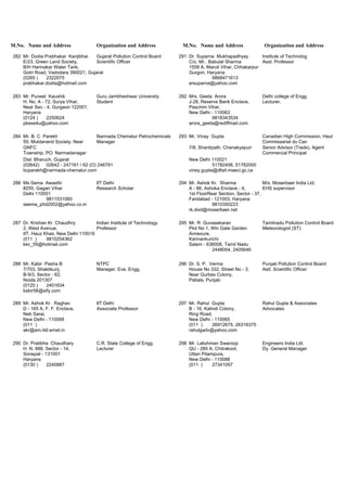 M.No. Name and Address Organization and Address M.No. Name and Address Organization and Address
282 Mr. Dodia Prabhakar Kanjibhai Gujarat Pollution Control Board 291 Dr. Suparna Mukhapadhyay Institute of Technolog
E/23, Green Land Society, Scientific Officer C/o. Mr.. Babulal Sharma Asst. Professor
B/H Harinakar Water Tank, 1558 A, Maruti Vihar, Chhakarpur
Gotri Road, Vadodara 390021, Gujarat Gurgon, Haryana
(0265 ) 2322075 9868471613
prabhakar.dodia@hotmail.com ersuparna@yahoo.com
283 Mr. Puneet Kaushik Guru Jambheshwar University 292 Mrs. Geeta Arora Delhi college of Engg.
H. No. A - 72, Surya Vihar, Student J-28, Reserve Bank Enclave, Lecturer,
Near Sec - 4, Gurgaon 122001, Paschim Vihar,
Haryana New Delhi - 110063
(0124 ) 2250624 9818343534
pkese4u@yahoo.com arora_geeta@rediffmail.com
284 Mr. B. C Parekh Narmada Chematur Petrochemicals 293 Mr. Vinay Gupta Canadian High Commission, Haut
59, Muktanand Society, Near Manager Commissariat du Can
GNFC 7/8, Shantipath, Chanakyapuri Senior Advisor (Trade), Agent
Township, PO: Narmadanagar Commercial Principal
Dist: Bharuch, Gujarat New Delhi 110021
(02642) 02642 - 247161 / 62 (O) 246781 51782456, 51782000
bcparekh@narmada-chematur.com viney.gupta@dfait-maeci.gc.ca
286 Ms Sema Awasthi IIT Delhi 294 Mr. Ashok Kr. Sharma M/s. Moserbaer India Ltd.
#255, Gagan Vihar Research Scholar A - 86, Ashoka Enclave - II, EHS supervisor
Delhi 110051 1st FloorRear Section, Sector - 37,
9811531060 Faridabad - 121003, Haryana
seema_phd2002@yahoo.co.in 9810350223
rk.dixit@moserbaer.net
287 Dr. Krishan Kr Chaudhry Indian Institute of Technology 295 Mr. R Gunasekaran Tamilnadu Pollution Control Board
2, West Avenue, Professor Plot No 1, Win Gate Garden Meteorologist (ST)
IIT, Hauz Khas, New Delhi 110016 Annexure,
(011 ) 9810254362 Kannankurichi
kkc_55@hotmail.com Salem - 636008, Tamil Nadu
2448054, 2405646
288 Mr. Kabir Pasha B NTPC 296 Dr. S. P. Verma Punjab Pollution Control Board
7/703, Shaktikunj, Manager, Eve. Engg. House No 332, Street No - 3, Astt. Scientific Officer
B-9/3, Sector - 62, Near Gurbax Colony,
Noida 201307 Patiala, Punjab
(0120 ) 2401634
kabir56@sify.com
289 Mr. Ashok Kr. Raghav IIT Delhi 297 Mr. Rahul Gupta Rahul Gupta & Associates
D - 165 A, F. F. Enclave, Associate Professor B - 16, Kalindi Colony, Advocates
Neb Sarai, Ring Road,
New Delhi - 110068 New Delhi - 110065
(011 ) (011 ) 26912675, 26316375
akr@am.iitd.ernet.in rahulgadv@yahoo.com
290 Dr. Pratibha Chaudhary C.R. State College of Engg. 298 Mr. Lakshman Swaroop Engineers India Ltd.
H. N. 888, Sector - 14, Lecturer QU - 285 A, Chitrakoot, Dy. General Manager
Sonepat - 131001 Uttari Pitampura,
Haryana New Delhi - 110088
(0130 ) 2240887 (011 ) 27341057
 