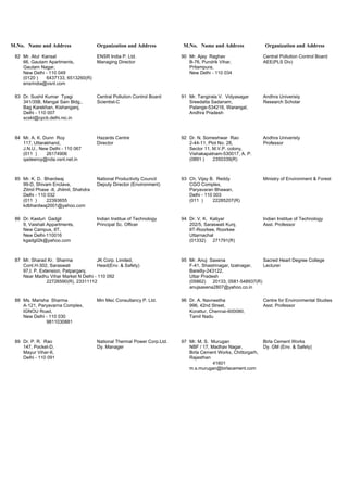 M.No. Name and Address Organization and Address M.No. Name and Address Organization and Address
82 Mr. Atul Kansal ENSR India P. Ltd. 90 Mr. Ajay Raghav Central Pollution Control Board
66, Gautam Apartments, Managing Director B-76, Pundrik Vihar, AEE(PLS Div)
Gautam Nagar, Pritampura,
New Delhi - 110 049 New Delhi - 110 034
(0120 ) 6437133, 6513260(R)
ensrindia@vsnl.com
83 Dr. Sushil Kumar Tyagi Central Pollution Control Board 91 Mr. Tangirala V. Vidyasagar Andhra Univeristy
341/35B, Mangal Sain Bldg., Scientist-C Sreedatta Sadanam, Research Scholar
Bag Karekhan, Kishanganj, Palange-534216, Warangal,
Delhi - 110 007 Andhra Pradesh
scskt@cpcb.delhi.nic.in
84 Mr. A. K. Dunn Roy Hazards Centre 92 Dr. N. Someshwar Rao Andhra Univeristy
117, Uttarakhand, Director 2-44-11, Plot No. 28, Professor
J.N.U., New Delhi - 110 067 Sector 11, M.V.P. colony,
(011 ) 26174906 Vishakapatnam-530017, A. P.
qadeeroy@nda.vsnl.net.in (0891 ) 2350339(R)
85 Mr. K. D. Bhardwaj National Productivity Council 93 Ch. Vijay B. Reddy Ministry of Environment & Forest
99-D, Shivam Enclave, Deputy Director (Environment) CGO Complex,
Zilmil Phase -II, Jhilmil, Shahdra Paryavaran Bhawan,
Delhi - 110 032 Delhi - 110 003
(011 ) 22393655 (011 ) 22285207(R)
kdbhardwaj2001@yahoo.com
86 Dr. Kasturi Gadgil Indian Institue of Technology 94 Dr. V. K. Katiyar Indian Institue of Technology
9, Vaishali Appartments, Principal Sc. Officer 202/5, Saraswati Kunj, Asst. Professor
New Campus, IIT, IIT-Roorkee, Roorkee
New Delhi-110016 Uttarnachal
kgadgil2k@yahoo.com (01332) 271791(R)
87 Mr. Sharad Kr. Sharma JK Corp. Limited, 95 Mr. Anuj Saxena Sacred Heart Degree College
Cont.H-302, Saraswati Head(Env. & Safety) F-41, Shastrinagar, Izatnagar, Lecturer
97,I. P. Extension, Patparganj. Bareilly-243122,
Near Madhu Vihar Market N Delhi - 110 092 Uttar Pradesh
22726590(R), 23311112 (05862) 20133, 0581-548937(R)
anujsaxena2807@yahoo.co.in
88 Ms. Marisha Sharma Min Mec Consultancy P. Ltd. 96 Dr. A. Navneetha Centre for Environmental Studies
A-121, Paryavarna Complex, 996, 42nd Street, Asst. Professor
IGNOU Road, Korattur, Chennai-600080,
New Delhi - 110 030 Tamil Nadu
9811030881
89 Dr. P. R. Rao National Thermal Power Corp.Ltd. 97 Mr. M. S. Murugan Birla Cement Works
147, Pocket-D, Dy. Manager NBF / 17, Madhav Nagar, Dy. GM (Env. & Safety)
Mayur Vihar-II, Birla Cement Works, Chittorgarh,
Delhi - 110 091 Rajasthan
41601
m.s.murugan@birlacement.com
 