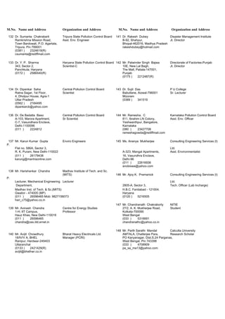 M.No. Name and Address Organization and Address M.No. Name and Address Organization and Address
132 Dr. Sumanta Chakrabarti Tripura State Pollution Control Board 141 Dr. Rakesh Dubey Disaster Management Institute
Ramkrishna Mission Road, Asst. Env. Engineer B-92, Shahpur, Jt. Director
Town Bardowali, P.O. Agartala, Bhopal-462016, Madhya Pradesh
Tripura. Pin 799001 rakeshdubey@hotmail.com
(0381 ) 2324619(R)
csumanta@rediffmail.com
133 Dr. Y. P. Sharma Haryana State Pollution Control Board 142 Mr. Palwinder Singh Bajwa Directorate of Factories-Punjab
343, Sector 2, Scientist-C 10E, New Lal Bagh, Jt. Director
Panchkula, Haryana The Mall, Patiala-147001,
(0172 ) 2586540(R) Punjab
(0175 ) 2212487(R)
134 Dr. Dipankar Saha Central Pollution Control Board 143 Dr. Sujit Das P U College
Ratna Sagar, 1st Floor, Scientist Babutlane, Aizwal-796001 Sr. Lecturer
4, Dholpur House, Agra-1 Mizoram
Uttar Pradesh (0389 ) 341519
(0562 ) 2164495
dipankarcb@yahoo.com
136 Dr. De Badatta Baso Central Pollution Control Board 144 Mr. Ramesha. C Karnataka Pollution Control Board
A-103, Marora Apartment, Sr Scientist 811, Ibrahim LN Colony, Asst. Env. Officer
C-7, Vasundhara Enclave, Yeshwanthpur, Bangalore,
Delhi-1100096 Karnataka
(011 ) 2224812 (080 ) 23427708
rameshagowda@rediffmail.com
137 Mr. Karun Kumar Gupta Enviro Engineers 145 Ms. Ananya Mukherjee Consulting Engineering Services (I)
P.
Flat no. 586A, Sector 3, Ltd.
R. K. Puram, New Delhi-110022 A-323, Mangal Apartments, Asst. Environmentalist
(011 ) 26179438 16, Vasundhra Enclave,
karung@mantraonline.com Delhi-96
(011 ) 22616936
anobiswa@yahoo.com
138 Mr. Harishankar Chandra Madhav Institute of Tech. and Sc.
(MITS) 146 Mr. Ajoy K. Pramanick Consulting Engineering Services (I)
P.
Lecturer, Mechanical Engineering Lecturer Ltd.
Department, 2805-A, Sector 3, Tech. Officer (Lab Incharge)
Madhav Inst. of Tech. & Sc.(MITS) H.B.C. Faridabad - 121004,
Gwalior - 474005 (MP) Haryana
(011 ) 26596465 Mob: 9827156073 (0120 ) 5216505
hari_c75@yahoo.co.in
147 Mr. Chandranath Chakraborty NITIE
139 Mr. Avinash Chandra Centre for Energy Studies 27/2, A. K. Mukherjee Road, Student
1-H, IIT Campus, Professor Kolkata-700090
Hauz Khas, New Delhi-110016 West Bengal
(011 ) 26596465 (033 ) 5316691
chandra@ces.iitd.ernet.in chandranathc@yahoo.co.in
148 Mr. Parth Sarathi Mandal Calcutta University
140 Mr. Avijit Chowdhury Bharat Heavy Electricals Ltd. AMTALA, Chatterjee Para, Research Scholar
18/IV/V A, BHEL Manager (PCRI) PO Kanyanagar, Dist.S.24 Parganas,
Ranipur, Hardwar-249403 West Bengal. Pin 743398
Uttaranchal (033 ) 4708909
(0133 ) 2421429(R) pa_sa_ma13@yahoo.com
avijit@bhelhwr.co.in
 