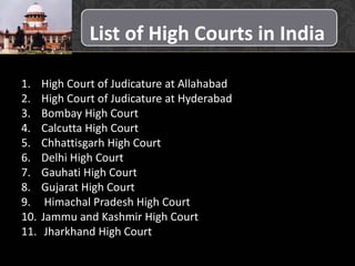 List of High Courts in India
1. High Court of Judicature at Allahabad
2. High Court of Judicature at Hyderabad
3. Bombay High Court
4. Calcutta High Court
5. Chhattisgarh High Court
6. Delhi High Court
7. Gauhati High Court
8. Gujarat High Court
9. Himachal Pradesh High Court
10. Jammu and Kashmir High Court
11. Jharkhand High Court
 