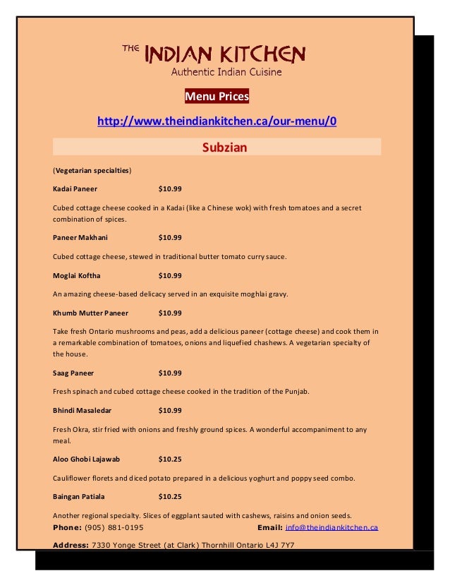 Indian kitchen menu List