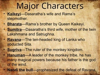 Major Characters
• Kaikeyi—Dasaratha’s wife and Rama’s
stepmother.
• Bharata—Rama’s brother by Queen Kaikeyi.
• Sumitra—Dasaratha’s third wife, mother of the twin
Lakshmana and Satrughna.
• Ravana—The ten-headed king of Lanka who
abducted Sita.
• Sugriva—The ruler of the monkey kingdom.
• Hanuman—A leader of the monkey tribe, he has
many magical powers because his father is the god
of the wind.
• Nandi the bull—prophesized the defeat of Ravana.
 