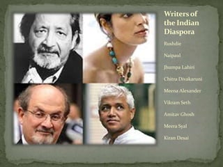 Writersof
the Indian
Diaspora
Rushdie
Naipaul
Jhumpa Lahiri
Chitra Divakaruni
Meena Alexander
Vikram Seth
Amitav Ghosh
Meera Syal
Kiran Desai
 