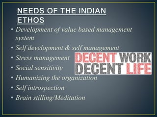 • Development of value based management
system
• Self development & self management
• Stress management
• Social sensitivity
• Humanizing the organization
• Self introspection
• Brain stilling/Meditation
 