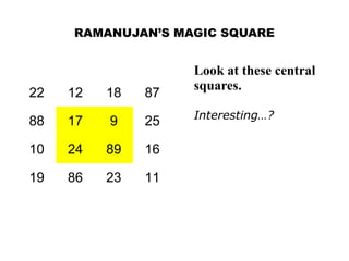 RAMANUJAN’S MAGIC SQUARE


                    Look at these central
                    squares.
22   12   18   87
                    Interesting…?
88   17   9    25

10   24   89   16

19   86   23   11
 
