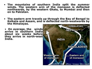 • The mountains of southern India split the summer
winds. The western arm of the monsoon is deflected
northwards, by the western Ghats, to Mumbai and then
on to Pakistan.
• The eastern arm travels up through the Bay of Bengal to
Kolkata and Assam, and is deflected north-westwards by
the Himalayas.
• On average, the winds
arrive in southern India
about six weeks before
they arrive in north-west
India.
 