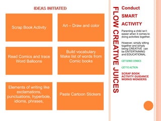 FLOWCREATIVEJUICES
Conduct
SMART
ACTIVITY
Parenting a child isn’t
easier when it comes to
doing activities together.
However, simply sitting
together and simply
being CREATIVE can
be ENTERTAINING
and EDUCATIONAL
GETSOMECOMICS
GETTOACTION
SCRAP BOOK
ACTIVITY GUIDANCE
WORKS WONDERS
Scrap Book Activity Art – Draw and color
Read Comics and trace
Word Balloons
Build vocabulary
Make list of words from
Comic books
Elements of writing like
exclamations,
punctuations, hyperbole,
idioms, phrases,
Paste Cartoon Stickers
 