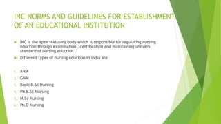 INC NORMS AND GUIDELINES FOR ESTABLISHMENT
OF AN EDUCATIONAL INSTITUTION
 INC is the apex statutory body which is responsible for regulating nursing
eduction through examination , certification and maintaining uniform
standard of nursing eduction .
 Different types of nursing eduction in india are
1. ANM
2. GNM
3. Basic B.Sc Nursing
4. PB B.Sc Nursing
5. M.Sc Nursing
6. Ph.D Nursing
 