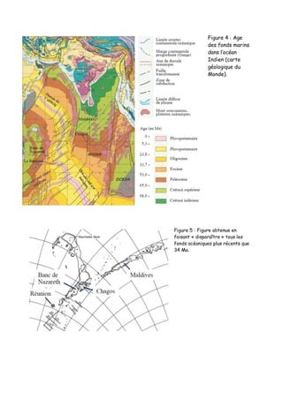 Figure 4 : Age
des fonds marins
dans l’océan
Indien (carte
géologique du
Monde).
Figure 5 : Figure obtenue en
faisant « disparaître » tous les
fonds océaniques plus récents que
34 Ma.
 