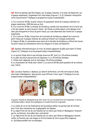 Q4. Entre le plateau des îles Chagos, sur la plaque indienne, et le banc de Nazareth, sur
la plaque somalienne, l’alignement est interrompu (figures 1, 4, 5). Comment interpréter
cette discontinuité ? Indiquez la proposition la plus vraisemblable :
A. Il y a environ 35 Ma, le point chaud a brusquement sauté de la plaque indienne à la
plaque somalienne, 1000 km plus au Sud.
B. Il y a environ 35 Ma, la dorsale de Carlsberg, animée d’un mouvement vers le nord-est,
a fini par passer au nord du point chaud ; les fonds accrétés depuis cette époque n’ont
donc pas enregistré la trace du point chaud, qui crée désormais des reliefs sur la plaque
somalienne.
C. Il y a environ 35 Ma, l’ouverture de la dorsale de Carlsberg a séparé les traces du
point chaud sur la plaque indienne de celles qui étaient sur la plaque somalienne.
D. Depuis 35 Ma, le volcanisme sous-marin de la dorsale de Carlsberg a effacé les traces
du point chaud qui s’étendaient entre les Chagos et le banc de Nazareth.
Q5. Quelles informations peut-on tirer du chemin apparent du pôle sud relatif à l’Inde
(figure 3) ? Indiquez la ou les proposition(s) vraisemblable(s) :
A. Le sud de l’Inde était à une latitude d’environ 40° Sud il y a 70 millions d’années.
B. Le pôle Sud était plus proche de l’équateur il y a 70 millions d’années.
C. L’Inde s’est déplacée vers le Sud depuis 70 millions d’années.
D. Le mouvement de l’Inde s’est ralenti il y a environ 55 Ma (date possible de sa collision
avec l’Asie)
Q6. Les deux fossiles ci-dessous, qui datent de Permien, ont été retrouvés en Inde,
mais aussi à Madagascar. Que pouvez-vous affirmer à leur sujet ? Indiquez la ou les
proposition(s) vraisemblable(s) :
A gauche, feuilles de Glossopteris sp. (Cal. Acad. Sci.) et reconstitution de l’organisme. A droite,
Cyclolobus walkeri, animal marin pélagique et reconstitution de l’organisme.
A. Le mode de vie et de fossilisation de Cyclolobus walkeri ne permet pas de l’utiliser
pour tirer des conclusions sur la géographie de l’époque.
B. La répartition de l’un de ces fossiles est un indice que l’Inde et Madagascar faisaient
partie, au Permien, d’un même bloc continental.
C. La répartition de l’un de ces fossiles est un indice que l’Inde et Madagascar étaient
reliés, au Permien, par une longue et étroite bande de terre aujourd’hui disparue.
D. Cyclolobus walkeri est un mollusque.
 