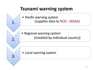 1.
• Pacific warning system
(supplies data to NCEI - NOAA)
2.
• Regional warning system
(Installed by individual country)
3.
• Local warning system
Tsunami warning system
26
 