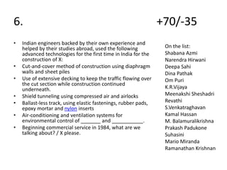 6. +70/-35
• Indian engineers backed by their own experience and
helped by their studies abroad, used the following
advanced technologies for the first time in India for the
construction of X:
• Cut-and-cover method of construction using diaphragm
walls and sheet piles
• Use of extensive decking to keep the traffic flowing over
the cut section while construction continued
underneath.
• Shield tunneling using compressed air and airlocks
• Ballast-less track, using elastic fastenings, rubber pads,
epoxy mortar and nylon inserts
• Air-conditioning and ventilation systems for
environmental control of _______ and ___________.
• Beginning commercial service in 1984, what are we
talking about? / X please.
On the list:
Shabana Azmi
Narendra Hirwani
Deepa Sahi
Dina Pathak
Om Puri
K.R.Vijaya
Meenakshi Sheshadri
Revathi
S.Venkatraghavan
Kamal Hassan
M. Balamuralikrishna
Prakash Padukone
Suhasini
Mario Miranda
Ramanathan Krishnan
 