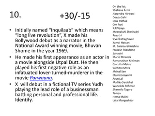 10.
• Initially named “Inquilaab” which means
“long live revolution”, X made his
Bollywood debut as a narrator in the
National Award winning movie, Bhuvan
Shome in the year 1969.
• He made his first appearance as an actor in
a movie alongside Utpal Dutt. He then
played his first negative role as an
infatuated lover-turned-murderer in the
movie Parwaana.
• X will debut in a fictional TV series Yudh
playing the lead role of a businessman
battling personal and professional life.
Identify.
+30/-15
On the list:
Shabana Azmi
Narendra Hirwani
Deepa Sahi
Dina Pathak
Om Puri
K.R.Vijaya
Meenakshi Sheshadri
Revathi
S.Venkatraghavan
Kamal Hassan
M. Balamuralikrishna
Prakash Padukone
Suhasini
Mario Miranda
Ramanathan Krishnan
Calcutta Metro
Suchitra Mitra
Mrinal Sen
Chuni Goswami
Arun Lal
Mallika Sarabhai
Waheeda Rehman
Sharmila Tagore
Tanuja
Hema Malini
Lata Mangeshkar
 