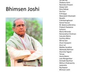 Bhimsen Joshi
On the list:
Shabana Azmi
Narendra Hirwani
Deepa Sahi
Dina Pathak
Om Puri
K.R.Vijaya
Meenakshi Sheshadri
Revathi
S.Venkatraghavan
Kamal Hassan
M. Balamuralikrishna
Prakash Padukone
Suhasini
Mario Miranda
Ramanathan Krishnan
Calcutta Metro
Suchitra Mitra
Mrinal Sen
Chuni Goswami
Arun Lal
Mallika Sarabhai
Waheeda Rehman
Sharmila Tagore
Tanuja
Hema Malini
Lata Mangeshkar
Amitabh Bachhan
Mithun Chakravorty
Jeetendra
Raj Kapoor
Bhimsen Joshi
 
