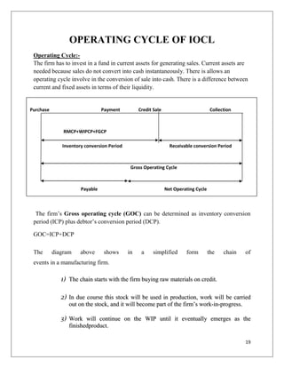 OPERATING CYCLE OF IOCL
 Operating Cycle:-
 The firm has to invest in a fund in current assets for generating sales. Current assets are
 needed because sales do not convert into cash instantaneously. There is allows an
 operating cycle involve in the conversion of sale into cash. There is a difference between
 current and fixed assets in terms of their liquidity.


Purchase                        Payment          Credit Sale                          Collection



               RMCP+WIPCP+FGCP

              Inventory conversion Period                        Receivable conversion Period



                                             Gross Operating Cycle



                      Payable                                  Net Operating Cycle



  The firm‟s Gross operating cycle (GOC) can be determined as inventory conversion
 period (ICP) plus debtor‟s conversion period (DCP).

 GOC=ICP+DCP

 The       diagram    above     shows       in    a     simplified      form         the    chain   of
 events in a manufacturing firm.

              1) The chain starts with the firm buying raw materials on credit.

              2) In due course this stock will be used in production, work will be carried
                 out on the stock, and it will become part of the firm‟s work-in-progress.

              3) Work will continue on the WIP until it eventually emerges as the
                 finishedproduct.

                                                                                                    19
 
