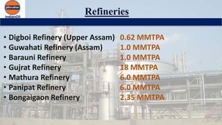 Refineries
• Digboi Refinery (Upper Assam) 0.62 MMTPA
• Guwahati Refinery (Assam) 1.0 MMTPA
• Barauni Refinery 1.0 MMTPA
• Gujrat Refinery 18 MMTPA
• Mathura Refinery 6.0 MMTPA
• Panipat Refinery 6.0 MMTPA
• Bongaigaon Refinery 2.35 MMTPA
 
