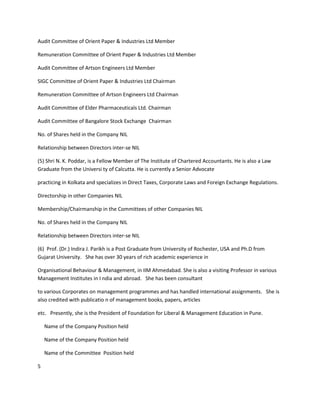 Audit Committee of Orient Paper & Industries Ltd Member

Remuneration Committee of Orient Paper & Industries Ltd Member

Audit Committee of Artson Engineers Ltd Member

SIGC Committee of Orient Paper & Industries Ltd Chairman

Remuneration Committee of Artson Engineers Ltd Chairman

Audit Committee of Elder Pharmaceuticals Ltd. Chairman

Audit Committee of Bangalore Stock Exchange Chairman

No. of Shares held in the Company NIL

Relationship between Directors inter-se NIL

(5) Shri N. K. Poddar, is a Fellow Member of The Institute of Chartered Accountants. He is also a Law
Graduate from the Universi ty of Calcutta. He is currently a Senior Advocate

practicing in Kolkata and specializes in Direct Taxes, Corporate Laws and Foreign Exchange Regulations.

Directorship in other Companies NIL

Membership/Chairmanship in the Committees of other Companies NIL

No. of Shares held in the Company NIL

Relationship between Directors inter-se NIL

(6) Prof. (Dr.) Indira J. Parikh is a Post Graduate from University of Rochester, USA and Ph.D from
Gujarat University. She has over 30 years of rich academic experience in

Organisational Behaviour & Management, in IIM Ahmedabad. She is also a visiting Professor in various
Management Institutes in I ndia and abroad. She has been consultant

to various Corporates on management programmes and has handled international assignments. She is
also credited with publicatio n of management books, papers, articles

etc. Presently, she is the President of Foundation for Liberal & Management Education in Pune.

    Name of the Company Position held

    Name of the Company Position held

    Name of the Committee Position held

5
 