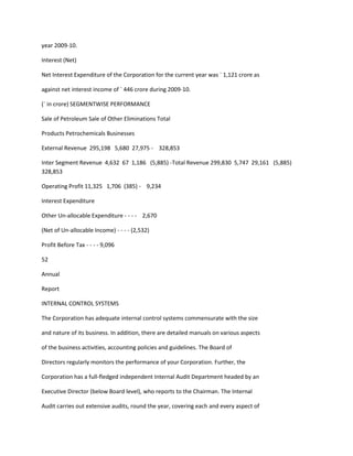 year 2009-10.

Interest (Net)

Net Interest Expenditure of the Corporation for the current year was ` 1,121 crore as

against net interest income of ` 446 crore during 2009-10.

(` in crore) SEGMENTWISE PERFORMANCE

Sale of Petroleum Sale of Other Eliminations Total

Products Petrochemicals Businesses

External Revenue 295,198 5,680 27,975 - 328,853

Inter Segment Revenue 4,632 67 1,186 (5,885) -Total Revenue 299,830 5,747 29,161 (5,885)
328,853

Operating Profit 11,325 1,706 (385) - 9,234

Interest Expenditure

Other Un-allocable Expenditure - - - - 2,670

(Net of Un-allocable Income) - - - - (2,532)

Profit Before Tax - - - - 9,096

52

Annual

Report

INTERNAL CONTROL SYSTEMS

The Corporation has adequate internal control systems commensurate with the size

and nature of its business. In addition, there are detailed manuals on various aspects

of the business activities, accounting policies and guidelines. The Board of

Directors regularly monitors the performance of your Corporation. Further, the

Corporation has a full-fledged independent Internal Audit Department headed by an

Executive Director (below Board level), who reports to the Chairman. The Internal

Audit carries out extensive audits, round the year, covering each and every aspect of
 