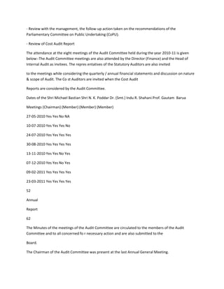 - Review with the management, the follow-up action taken on the recommendations of the
Parliamentary Committee on Public Undertaking (CoPU).

- Review of Cost Audit Report

The attendance at the eight meetings of the Audit Committee held during the year 2010-11 is given
below:-The Audit Committee meetings are also attended by the Director (Finance) and the Head of
Internal Audit as invitees. The repres entatives of the Statutory Auditors are also invited

to the meetings while considering the quarterly / annual financial statements and discussion on nature
& scope of Audit. The Co st Auditors are invited when the Cost Audit

Reports are considered by the Audit Committee.

Dates of the Shri Michael Bastian Shri N. K. Poddar Dr. (Smt.) Indu R. Shahani Prof. Gautam Barua

Meetings (Chairman) (Member) (Member) (Member)

27-05-2010 Yes Yes No NA

10-07-2010 Yes Yes Yes No

24-07-2010 Yes Yes Yes Yes

30-08-2010 Yes Yes Yes Yes

13-11-2010 Yes Yes No Yes

07-12-2010 Yes Yes No Yes

09-02-2011 Yes Yes Yes Yes

23-03-2011 Yes Yes Yes Yes

52

Annual

Report

62

The Minutes of the meetings of the Audit Committee are circulated to the members of the Audit
Committee and to all concerned fo r necessary action and are also submitted to the

Board.

The Chairman of the Audit Committee was present at the last Annual General Meeting.
 