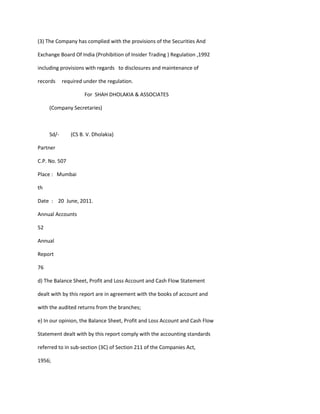 (3) The Company has complied with the provisions of the Securities And

Exchange Board Of India (Prohibition of Insider Trading ) Regulation ,1992

including provisions with regards to disclosures and maintenance of

records     required under the regulation.

                     For SHAH DHOLAKIA & ASSOCIATES

     (Company Secretaries)



     Sd/-      (CS B. V. Dholakia)

Partner

C.P. No. 507

Place : Mumbai

th

Date : 20 June, 2011.

Annual Accounts

52

Annual

Report

76

d) The Balance Sheet, Profit and Loss Account and Cash Flow Statement

dealt with by this report are in agreement with the books of account and

with the audited returns from the branches;

e) In our opinion, the Balance Sheet, Profit and Loss Account and Cash Flow

Statement dealt with by this report comply with the accounting standards

referred to in sub-section (3C) of Section 211 of the Companies Act,

1956;
 