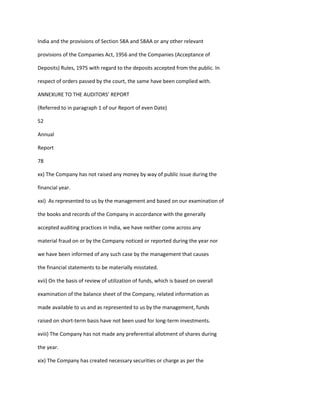 India and the provisions of Section 58A and 58AA or any other relevant

provisions of the Companies Act, 1956 and the Companies (Acceptance of

Deposits) Rules, 1975 with regard to the deposits accepted from the public. In

respect of orders passed by the court, the same have been complied with.

ANNEXURE TO THE AUDITORS’ REPORT

(Referred to in paragraph 1 of our Report of even Date)

52

Annual

Report

78

xx) The Company has not raised any money by way of public issue during the

financial year.

xxi) As represented to us by the management and based on our examination of

the books and records of the Company in accordance with the generally

accepted auditing practices in India, we have neither come across any

material fraud on or by the Company noticed or reported during the year nor

we have been informed of any such case by the management that causes

the financial statements to be materially misstated.

xvii) On the basis of review of utilization of funds, which is based on overall

examination of the balance sheet of the Company, related information as

made available to us and as represented to us by the management, funds

raised on short-term basis have not been used for long-term investments.

xviii) The Company has not made any preferential allotment of shares during

the year.

xix) The Company has created necessary securities or charge as per the
 
