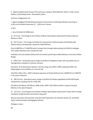 H. Against hypothecation by way of first pari passu charge on Raw Materials, Stock-in Trade, Sundry
Debtors, Outstanding monies , Receivables, Claims,

Contracts, Engagements, Etc.

I. Against pledging of Oil Marketing Companies Government of India Special Bonds amounting to `
4,165 crore and Bank Guarantees of ` 1,650 crore in favour

of CCIL

J. Security Details for OIDB Loans:

a) ` 217 Crore - First Charge on the facilities of Motor Spirit Quality Improvement Project at Barauni
Refinery in Bihar

b) ` 762.75 Crore - First charge on facilities for improvement of Diesel quality and Distillate yield
(Hydrocracker) and expanded c apacity for Haldia Refinery

(from 6 MMTPA to 7.5 MMTPA) which includes Once through Hydrocracking Unit (OHCU), Hydrogen
Unit, Sulphur Recovery Unit, revamp ed Crude

Distillation Unit and related utilities & off-site facilities pertaining to Haldia Refinery in the state of West
Bengal.

c) ` 1,901 Crore - Second pari-passu charge on facilities for Naphtha Cracker with associated units viz.
hydrogenation, butadiene e xtraction, benzene

extraction, etc & downstream polymer units like swing unit (LLDPE / HDPE), dedicated HDPE unit,
Polypropylene unit and MEG unit and units like

CDU/VDU, OHCU, DCU, , DHDT relating to expansion of Panipat Refinery from 12MMTPA to 15 MMTPA
in the state of Haryana.

d) ` 994.75 Crore - Second pari-passu charge on facilities for Residue upgradation & MS-HSD Quality
improvement including units lik e VGO-HDT,

ATF-Merox FCC-Merox, LPG-Merox, ISOM, Coker, DHDT, HGU (PDS) and SRU in respect of Gujarat
Refinery in the state of Gujarat.

e) ` 127 Crore - First Charge on the facilities of Motor Spirit Quality Improvement Project which includes
installation of light Na ptha isomerisation along with

Benzene Saturation Unit and other Units like Feed Preparation Unit, Reaction Section etc. and Diesel
Hydro Teatment project at Bongaigaon Refinery,

Dhaligaon, Assam.

89
 