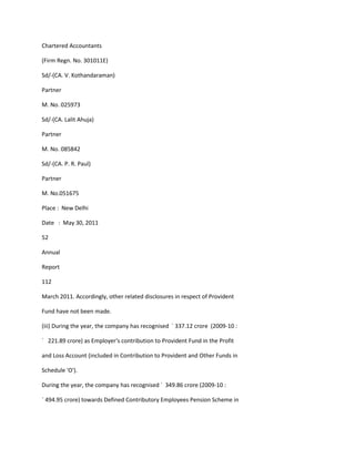 Chartered Accountants

(Firm Regn. No. 301011E)

Sd/-(CA. V. Kothandaraman)

Partner

M. No. 025973

Sd/-(CA. Lalit Ahuja)

Partner

M. No. 085842

Sd/-(CA. P. R. Paul)

Partner

M. No.051675

Place : New Delhi

Date : May 30, 2011

52

Annual

Report

112

March 2011. Accordingly, other related disclosures in respect of Provident

Fund have not been made.

(iii) During the year, the company has recognised ` 337.12 crore (2009-10 :

` 221.89 crore) as Employer's contribution to Provident Fund in the Profit

and Loss Account (included in Contribution to Provident and Other Funds in

Schedule 'O').

During the year, the company has recognised ` 349.86 crore (2009-10 :

` 494.95 crore) towards Defined Contributory Employees Pension Scheme in
 