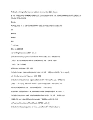 A) Details relating to Parties referred to in item number 1 (A) above :

2. THE FOLLOWING TRANSACTIONS WERE CARRIED OUT WITH THE RELATED PARTIES IN THE ORDINARY
COURSE OF BUSINESS

Contd...

AS REQUIRED BY AS -18 'RELATED PARTY DISCLOSURES', ARE GIVEN BELOW

52

Annual

Report

118

(` in crore)

2010-11 2009-10

vi) Handling Expenses 228.04 101.16

(Includes Handling Expenses to IndianOil Petronas Pvt. Ltd. ` 79.22 crore

(2010 : ` 62.49 crore) and IndianOil Sky Tanking Ltd. ` 130.91 crore

(2010 : ` 28.32 crore))

vii) Freight Expenses 0 .25 0.58

(Includes Freight Expenses to Lubrizol India Pvt. Ltd. ` 0.24 crore (2010 : ` 0.16 crore))

viii) Reimbursement of Expenses 5 .08 4.11

(Includes Reimbursment of Expenses to IndianOil Petronas Pvt. Ltd. ` 2.49 crore

(2010 ` 2.22 crore), Petronet LNG Ltd. ` 0.52 crore ( 2010 : ` 0.51 crore) and

IndianOil Sky Tanking Ltd. ` 1.57 crore (2010 : ` 0.77 crore))

ix) Interest paid/payable - -x) Investments made during the year 92.18 82.15

(Includes Investment made in Delhi Aviation Fuel Facility Pvt. Ltd. ` 60.68 crore

(2010 : Nil) and IndianOil Ruchi Biofuels LLP ` 25.00 crore (2010 : Nil))

xi) Purchase/Acquistion of Fixed Assets 437.04 1,535.22

(Includes Purchase/Acqusition of Fixed Assets from IOT Infrastructure &
 