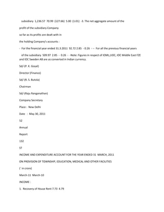 subsidiary 1,236.57 70.99 (127.66) 5.00 (1.01) -3. The net aggregate amount of the

profit of the subsidiary Company

so far as its profits are dealt with in

the holding Company's accounts :

- For the financial year ended 31.3.2011 92.72 2.85 - 0.26 - -- For all the previous financial years

 of the subsidiary 509.97 2.85 - 0.26 - -Note: Figures in respect of IOML,LIOC, IOC Middle East FZE
and IOC Sweden AB are as converted in Indian currency.

Sd/-(P. K. Goyal)

Director (Finance)

Sd/-(R. S. Butola)

Chairman

Sd/-(Raju Ranganathan)

Company Secretary

Place : New Delhi

Date : May 30, 2011

52

Annual

Report

132

ST

INCOME AND EXPENDITURE ACCOUNT FOR THE YEAR ENDED 31 MARCH, 2011

ON PROVISION OF TOWNSHIP, EDUCATION, MEDICAL AND OTHER FACILITIES

(` in crore)

March-11 March-10

INCOME :

1. Recovery of House Rent 7.73 4.79
 